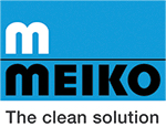 Logo der Firma Meiko mit schwarzer und weißer Schrift auf blauem Hintergrund