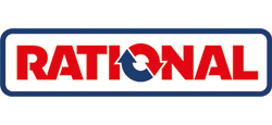 Logo der Firma Rational in blauer und roter Schrift mit blauem Rand